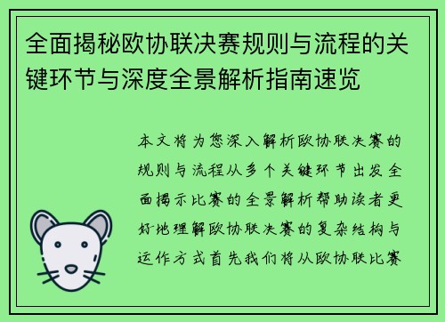 全面揭秘欧协联决赛规则与流程的关键环节与深度全景解析指南速览 全面揭秘欧协联决赛规则与流程的关键环节与深度全景解析指南速览